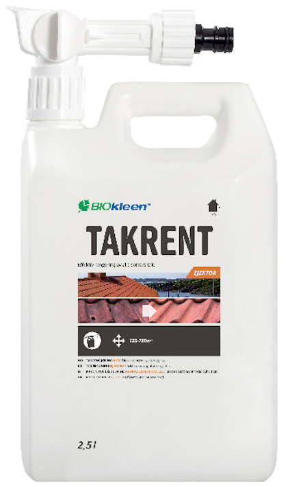 Vit plastbehållare med etikett "TAKRENT" och text om användning på tak. Har munstycke och handtag.