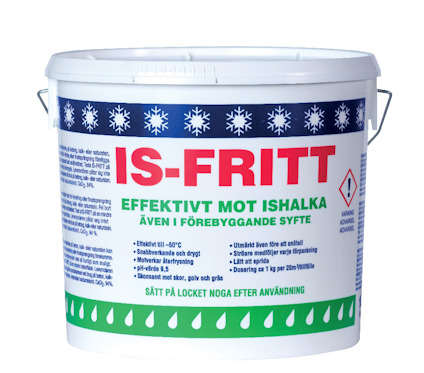 Plastbåt med texten "IS-FRITT" och information om isborttagning mot halkbekämpning. Blå dekor med snöflingor och droppar.