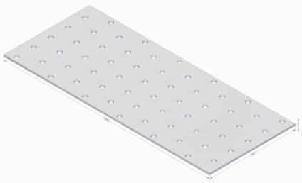 Rektangulär platta med rader av hål, måttangivelser: 750 x 250 x 18 mm.