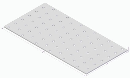 Rektangulär platta med jämnt fördelade hål och måttangivelser: 700 mm x 350 mm.