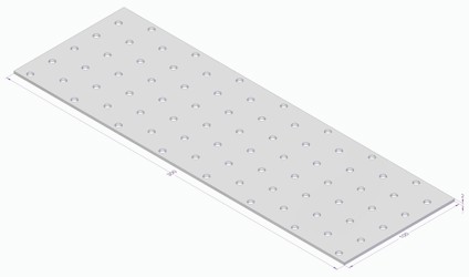 Rektangulär metallplatta med jämnt fördelade, rundade hål. Euler 200 på kortsidan, 500 på långsidan.