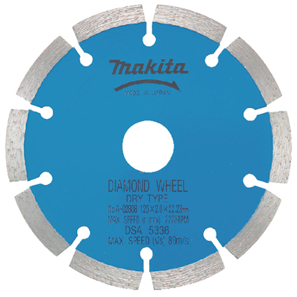 Diamantklinga med blå mitt och silverfärgade segment, varumärke och text är synliga på ytan.