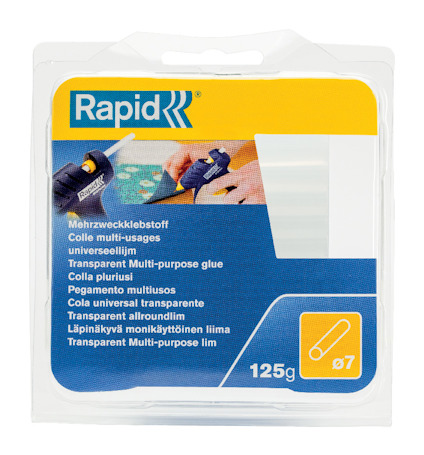 Förpackning med transparent flerbrukslim från varumärket Rapid, med text på flera språk och bild på limpistol.