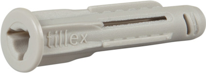 Vit universalplugg med texten "tillex" på sidan, liggande mot en grå bakgrund.