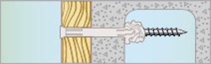 Illustration av en skruv infäst i ett material med gul isolering till vänster och grått murbruk till höger.