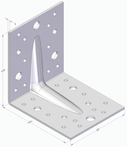 Stålvinkel med hål, mått 105x90 mm markerade, förstärkning på baksidan.