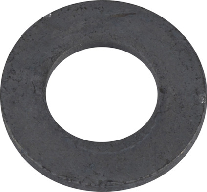 Metallisk bricka med rund form och hål i mitten, liggande på en grå yta.