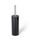 Svart toalettborsthållare med borste av rostfritt stål på vit bakgrund.