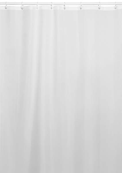Vitt duschdraperi upphängt på krokar.