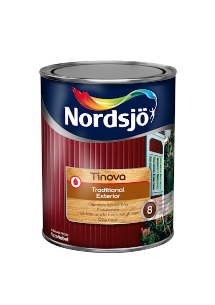 Burk med Nordsjö Tinova Traditional Exterior trädäckolja, röd etikett med bild på målad träfasad.