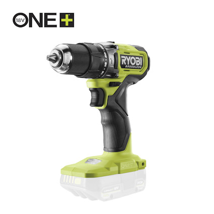 Borrskruvdragare med slag i grön och svart design med metallchuck, märkt "Ryobi ONE+ 18V" och "Brushless".