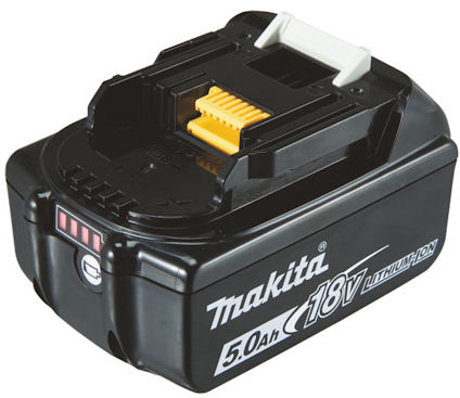 Batteri av märket Makita, 18V, 5.0Ah, litiumjon-teknologi med gul och vit kontakt.