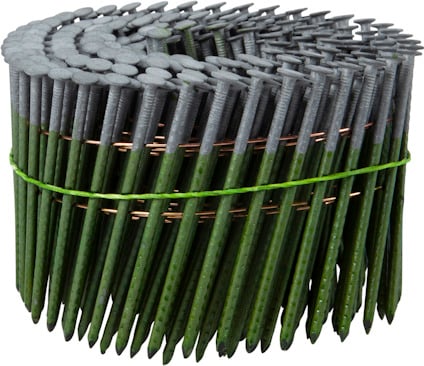 Spikspole med grön beläggning, huggen och trådbunden i en spiralform.