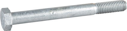 Sexkantskruv av metall, delgängad, med sexkantigt huvud och synlig gängad del i ena änden.