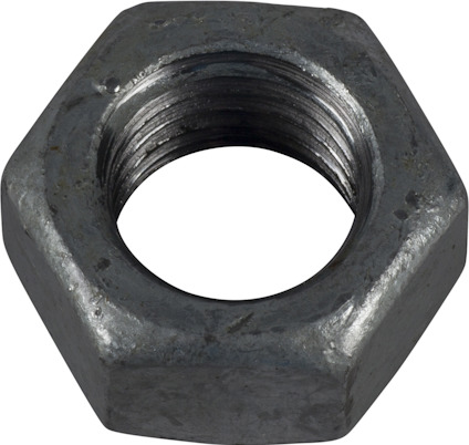 Sexkantig metallmutter med invändig gänga, brungrå yta.