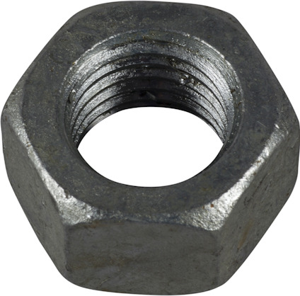 Sexkantig metallmutter med gängat hål och zinkbeläggning.
