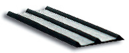 Svart och vitt triangelformat byggmaterial med tre upphöjda, parallella linjer.