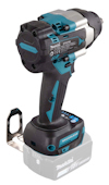 Sladdlös slagborrmaskin med blå och svarta detaljer, märkt "Makita" med batteripaket.