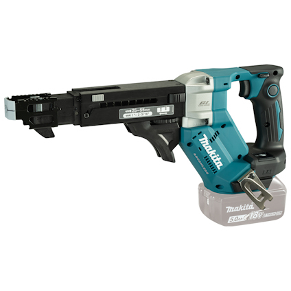 Makita blå och svart gipsautomat med justerbart magasin och ergonomiskt handtag.