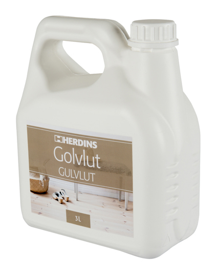 Kanna med texten "Herdins Golvlut Gulvlut 3L" på etiketten mot en beige bakgrund.