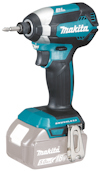 Slagskruvdragare från Makita med blå och svart design, infälld bit i chucken, och batteri i botten.