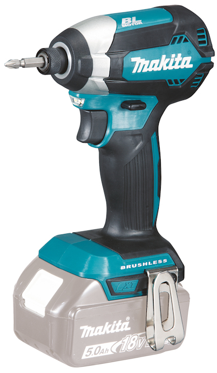 Makita sladdlös borrmaskin med 18V batteri och borstlös motor, blå och svart design.