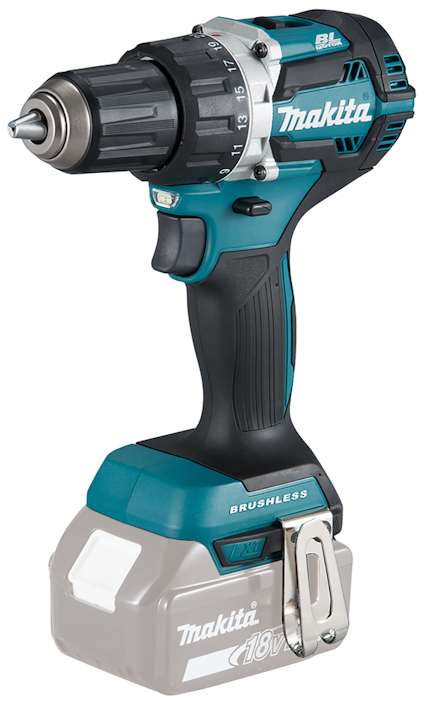 Makita blå och svart sladdlös borrmaskin med borstlös motor och grått batteri.