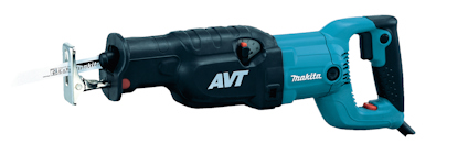 Tigersåg med ett svart handtag och en blå kropp, märkt med "Makita" och "AVT".