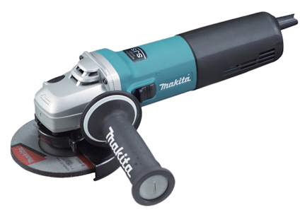 Vinkelslip med svart och blått handtag, skiva och sidhandtag, märkt "Makita" på kroppen.