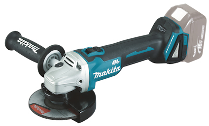 Sladdlös vinkelslip med blå och svart design, sidohandtag och ett batterifack på baksidan. Märkt "Makita".