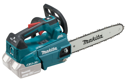 Turkos och svart batteridriven kedjesåg med vita detaljer och märket "Makita" på sidan.