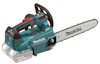 Motorsåg av märket Makita med grönt och svart handtag, batteridriven med 36V 18Vx2 Lithium-ion.