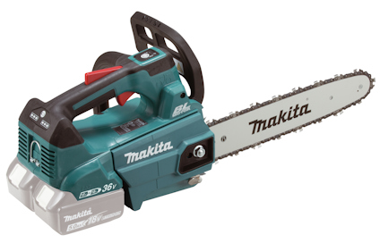 Motorsåg av märket Makita med grönt och svart handtag, batteridriven med 36V 18Vx2 Lithium-ion.
