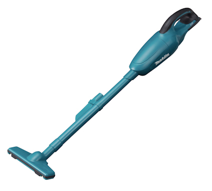 Blå, sladdlös dammsugare från Makita med svart handtag och smal design.
