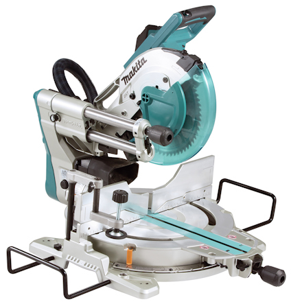 Kap- och gersåg med turkos detaljfärg, dammuppsamlare och svarta handtag. Märkt "Makita".
