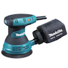 Excenterslipmaskin i blått och svart med en slipplatta och dammpåse märkta med "Makita".
