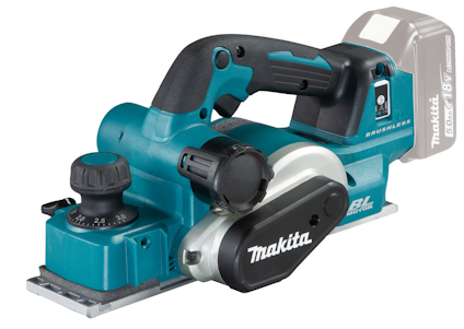 Batteridriven hyvel i turkos med svart handtag och justeringsratt, märkt Makita.
