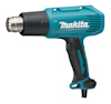 En blå och svart varmluftspistol med Makita-logotyp, har ett svart handtag och ett metallmunstycke.