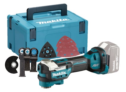 Multiverktyg Makita med flera tillbehör framför ett blått Makpac-förvaringsskrin.