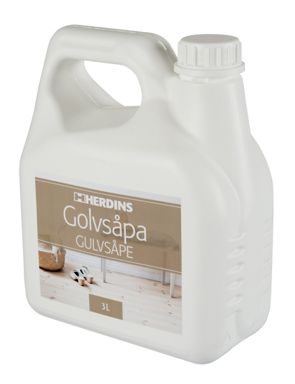 Vit plastbehållare med etikett märkt "Herdins Golvsåpa Gulvsåpe 3L" och bild av träyta.
