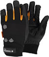 Svarta och orangea handskar, synliga från ovan och sidan, med text "TEGERA PRO" och "WATER PROOF". Snöflingesymbol syns.