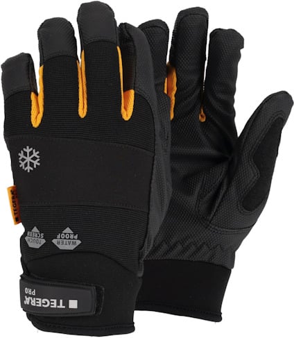 Svarta och orangea handskar, synliga från ovan och sidan, med text "TEGERA PRO" och "WATER PROOF". Snöflingesymbol syns.