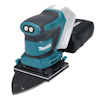 Planslipmaskin i blå och svart med tre utbytbara slipplattor. Batterifäste synligt utan batteri monterat.