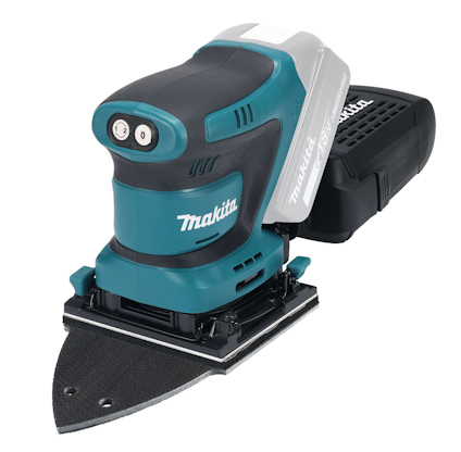 Planslipmaskin i blå och svart med tre utbytbara slipplattor. Batterifäste synligt utan batteri monterat.