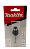 Förpackning med Makita hålkälsfräs, svart och silver, i genomskinlig plast, med röd och grå bakgrund.