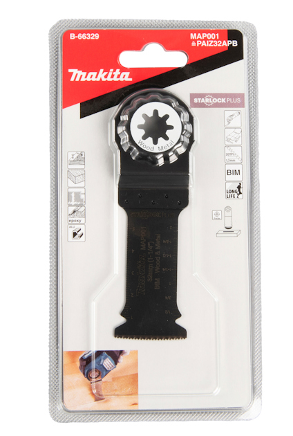Förpackning med ett svart Makita Starlock Plus sågblad och artikelnummer B-65329.