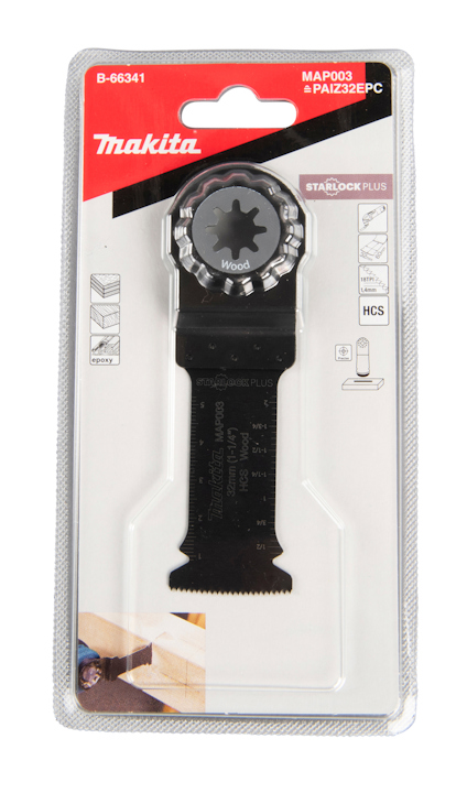 Förpackning med Makita sågklinga Modell MAP003 PAIZ32 EPC för trä, svart färg i blisterförpackning.