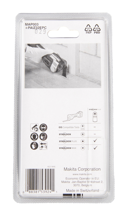 Förpackning med Makita-dammpåse, artikelnummer 837592-4, i transparent plast. Streckkod och tillverkningsinformation synlig.