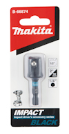Förpackning med hylsadapter från Makita, märkt B-66874. Adapter synlig genom plastförpackning, med märkning för storlek och serie.