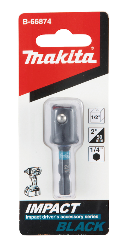 Förpackning med hylsadapter från Makita, märkt B-66874. Adapter synlig genom plastförpackning, med märkning för storlek och serie.